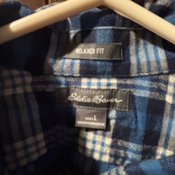 Eddie Bauer men's long-sleeve flannel shirt with a blue, white, and black plaid - Picture 3 of 3